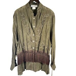 Saint Germain Paris Suede Fringe Western‎ Shirt Jacket Olive XL Saks Fifth Ave